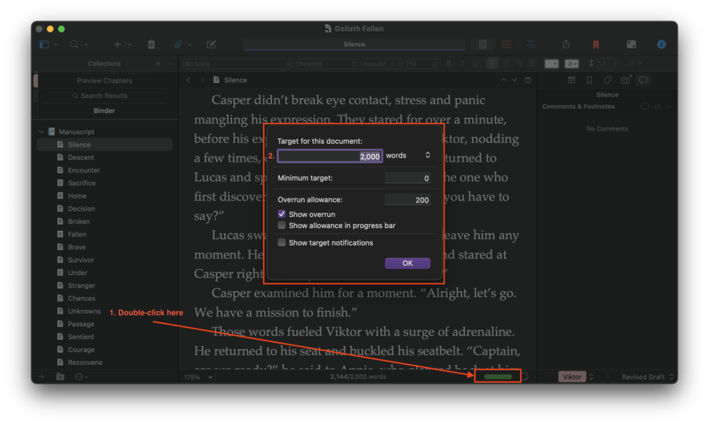 Document word count target in Scrivener.