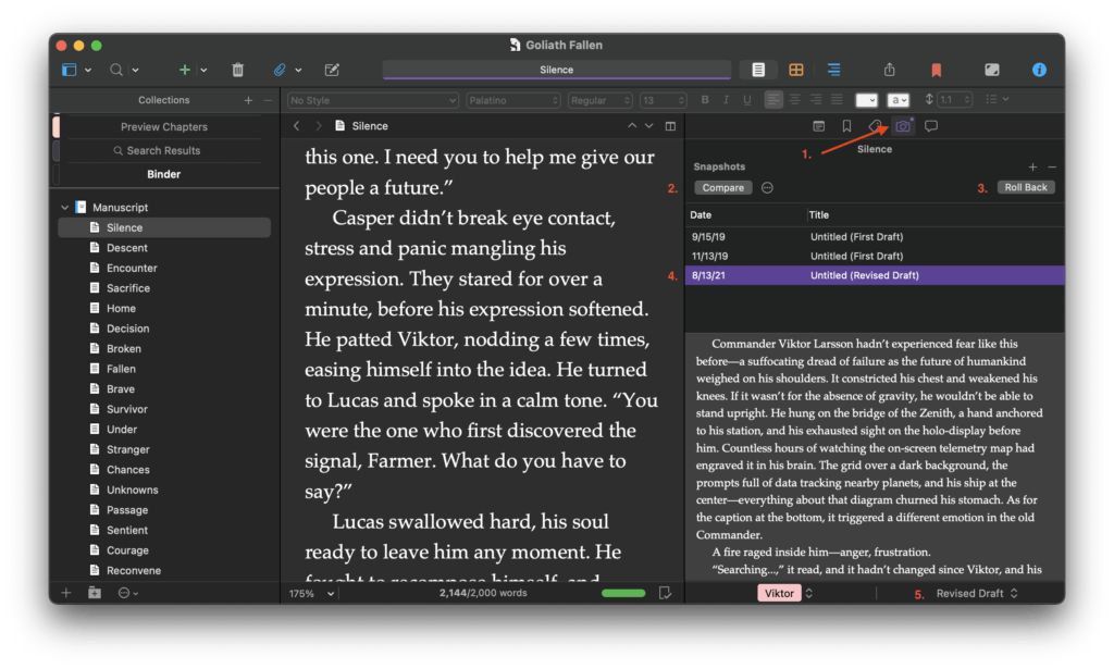 Document snapshots in Scrivener.